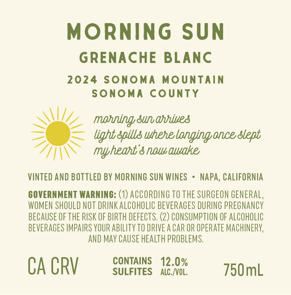 Back label for Morning Sun Grenache Blanc
